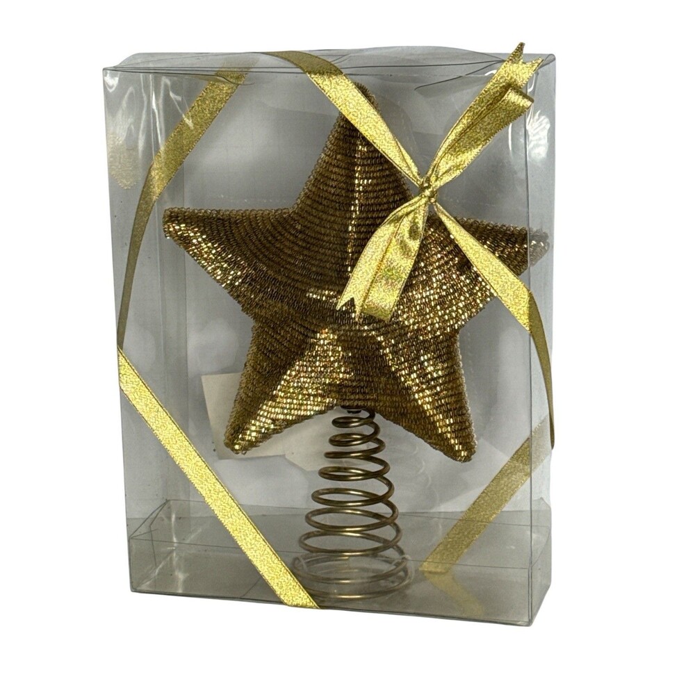 Gold Bullion Beaded Star Christmas Tree Topper Spring Base 10" Boxed